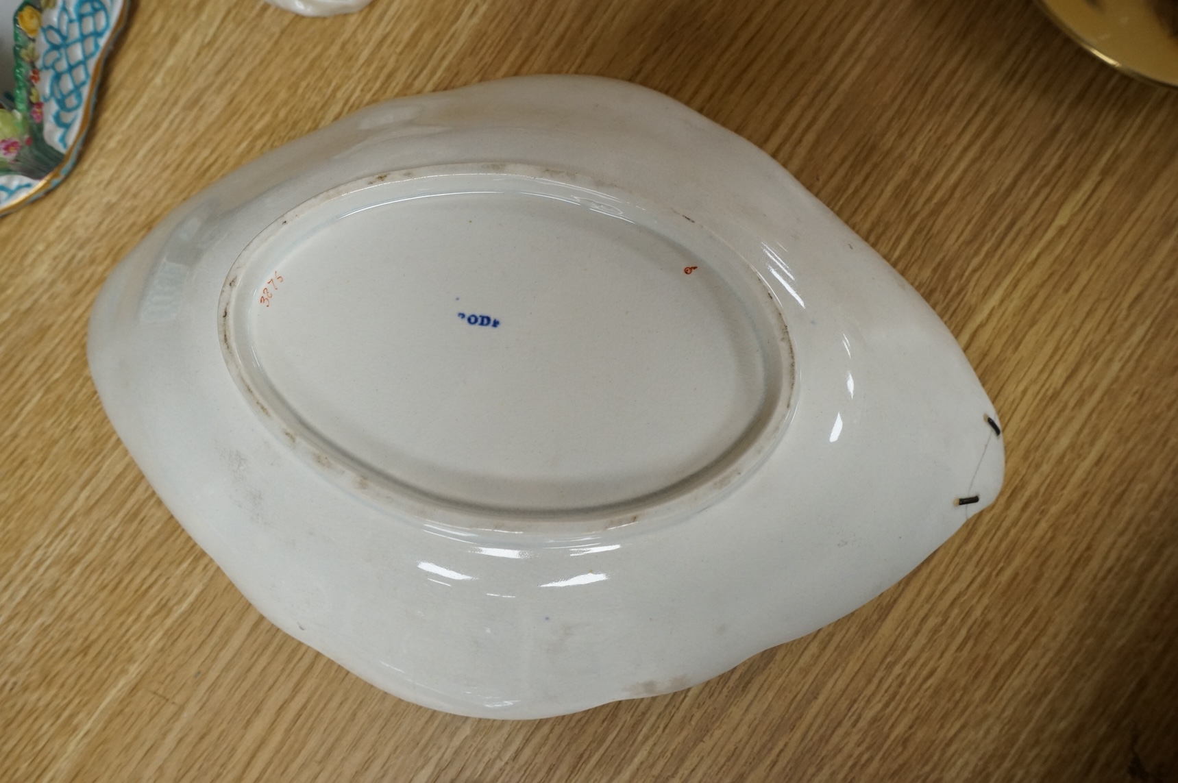 A Victorian Royal Worcester Hadley’s hand vase, a Spode dish and a Meissen style centre piece, largest 27cm wide